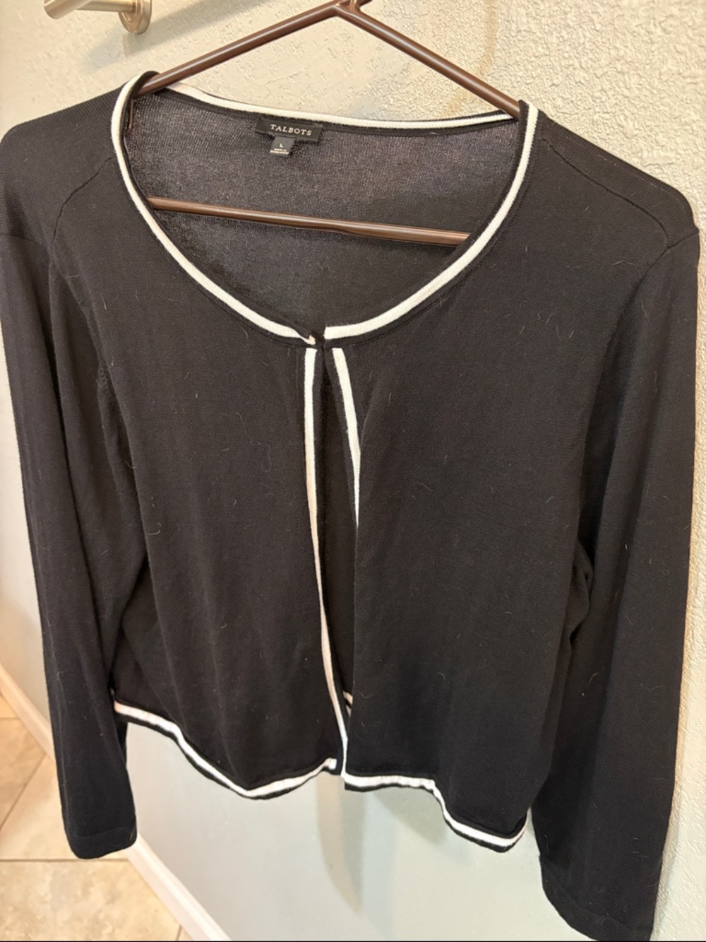 Talbots Black Cardigan with White Contrast Trim short to waist